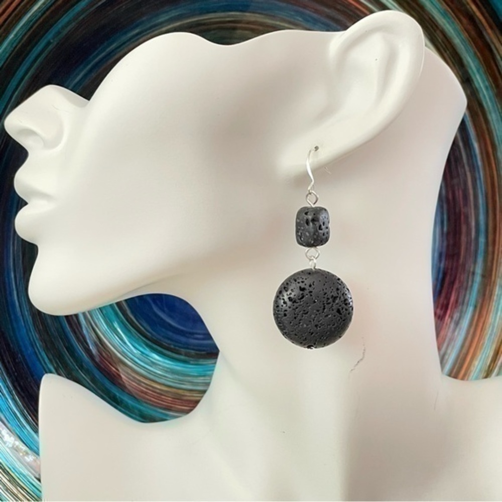 2/$29 Handmade Black Lava Stone Statement Earrings 2.5” Bold Natural NWT